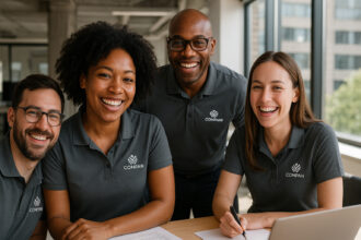 Groupe d'employés divers dans un bureau moderne souriants