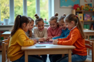 Enfants souriants autour d'une tablette en classe