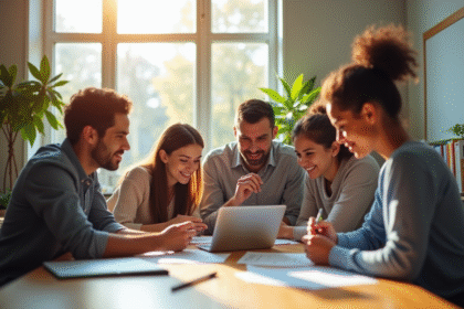 Groupe d'enseignants et étudiants autour d'une table en classe