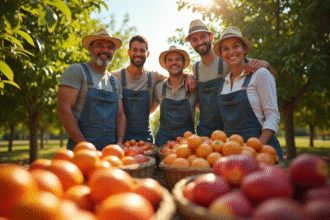 Groupe de fermiers de fruits souriants dans un verger ensoleille