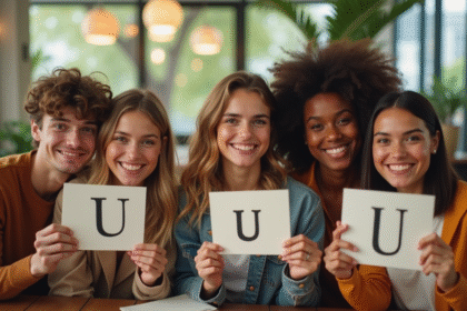 Groupe de jeunes souriants dans un café moderne ensoleille avec cartes nommées U
