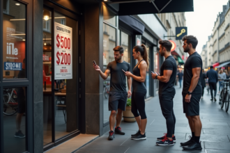 Jeunes en athleisure devant un gym à Paris vérifiant les tarifs
