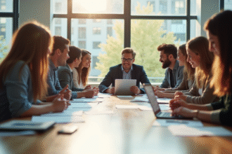 Groupe de jeunes adultes discutant autour d'une table lumineuse