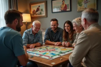 Groupe d'adultes jouant au Monopoly dans un salon convivial