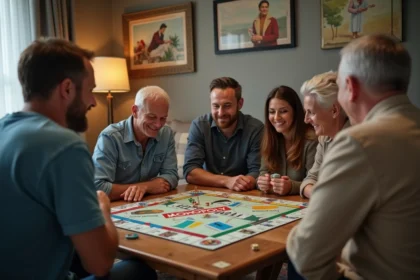 Groupe d'adultes jouant au Monopoly dans un salon convivial