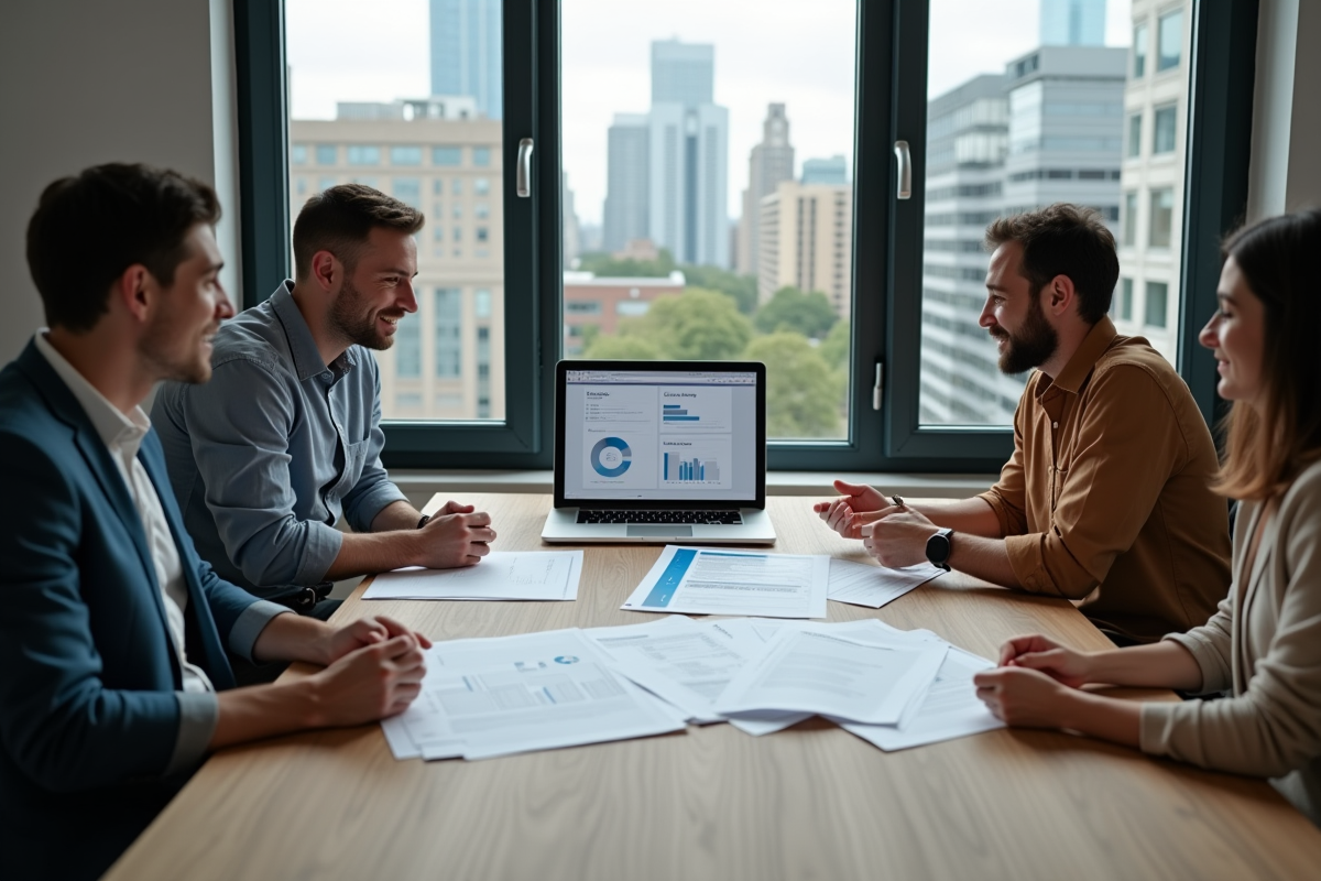 Groupe de collègues examinant des rapports web en réunion