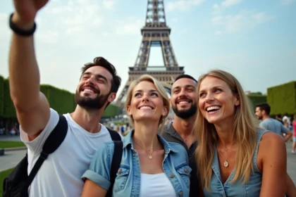 Groupe de touristes souriants près de la Tour Eiffel