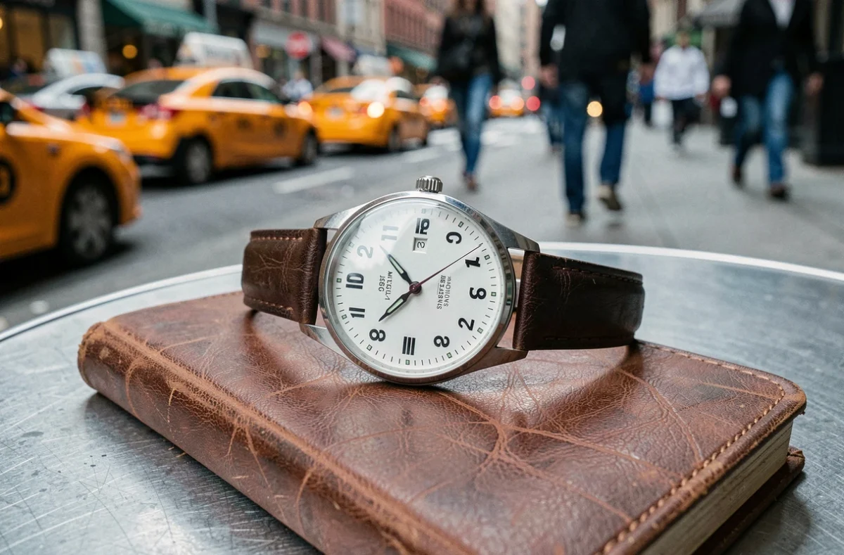 Gros plan d'une montre analogique indiquant l'heure exacte de New York posée sur un carnet en cuir, avec rue new-yorkaise floue en arrière-plan