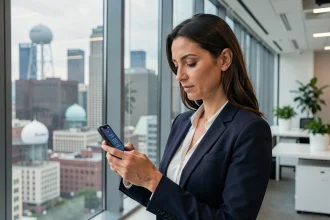 Femme d'affaires vérifiant l'heure locale de New York sur son smartphone dans un bureau moderne de Manhattan avec vue sur les gratte-ciels