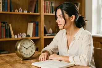 Femme contemplant une horloge analogique affichant 08h08 dans un bureau spirituel chaleureux entouré de livres et cristaux