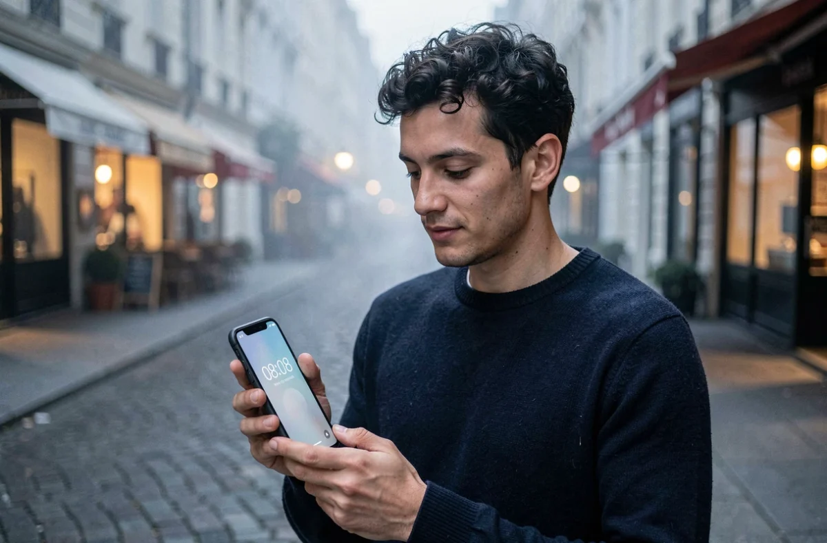 Homme regardant son téléphone affichant 08h08 dans une rue pavée européenne brumeuse en début de matinée