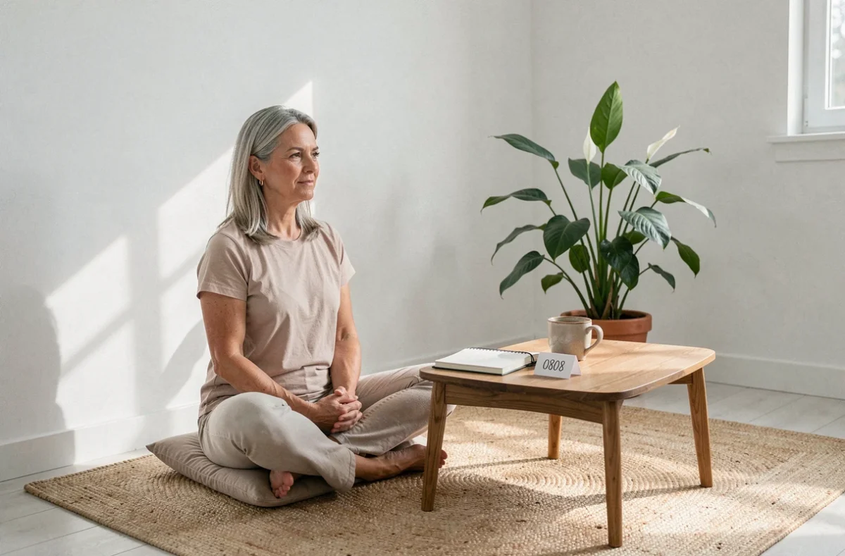 Femme en méditation dans un coin minimaliste avec un carnet et une carte numérotée 0808 symbolisant la numérologie de l'heure miroir