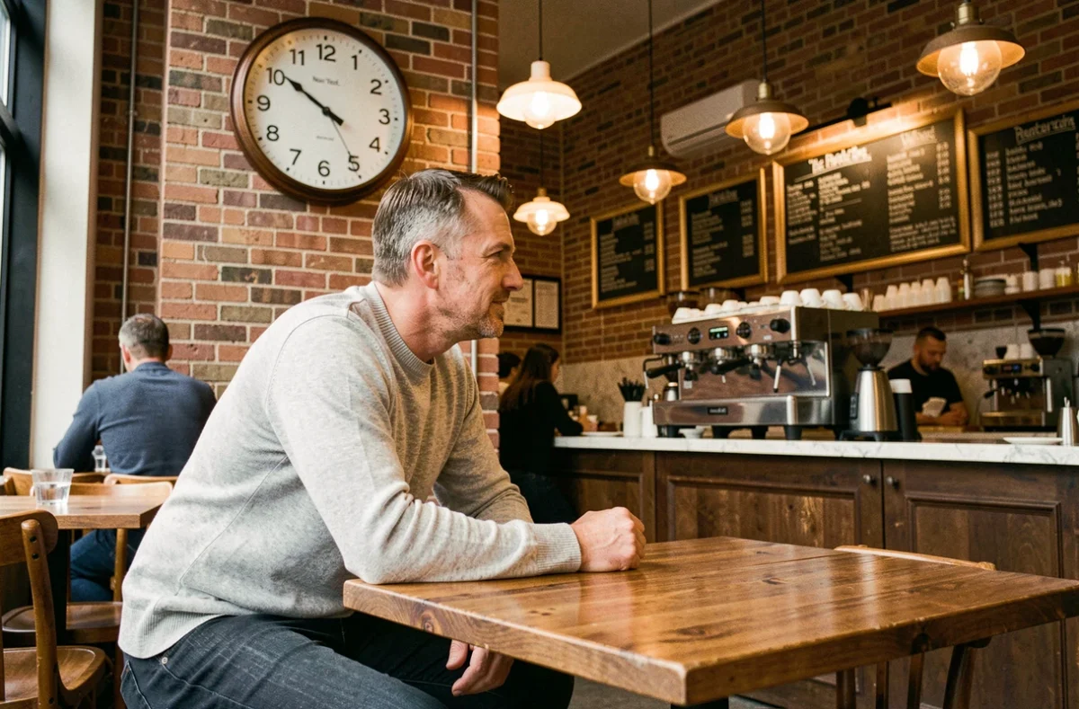 Homme consultant l'heure sur une horloge murale analogique dans un café de Brooklyn, New York, ambiance chaleureuse et authentique
