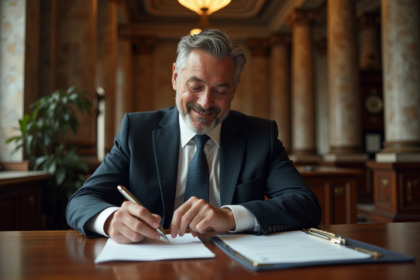 Homme d'affaires en costume dans une banque classique