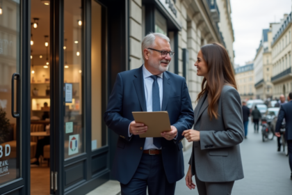 Homme d'affaires en costume à Paris devant agence immobiliere