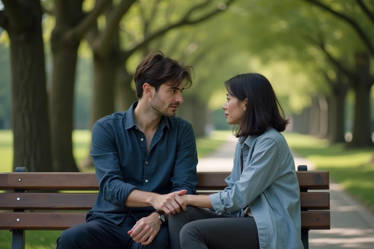 Un homme qui se confie à une femme sur un banc de parc, expression vulnérable et geste ouvert traduisant des sentiments amoureux