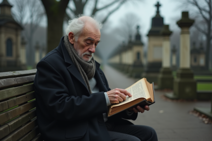 Homme age assis dans un cimetière parisien avec livre de Baudelaire