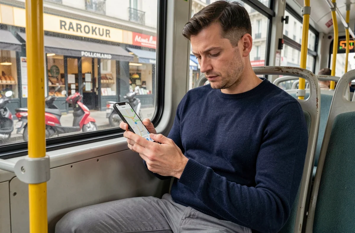 Homme utilisant une appli de navigation de bus sur smartphone à l'intérieur d'un bus parisien RATP