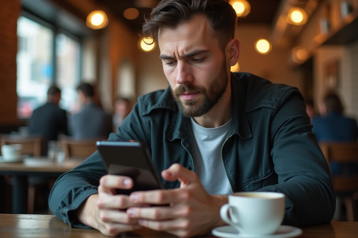 Homme consultant son smartphone face à un blocage d'accès sur une application de rencontre dans un café