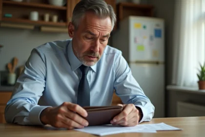 Homme d'âge moyen regardant une facture dans la cuisine