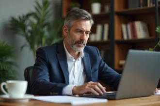 Homme d'âge moyen au bureau avec ordinateur portable