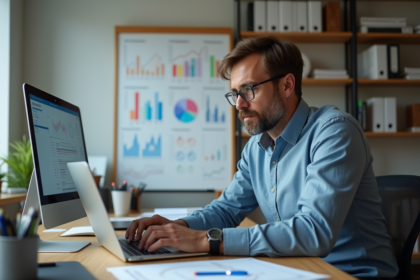 Homme d'âge moyen travaillant sur un ordinateur dans un bureau lumineux