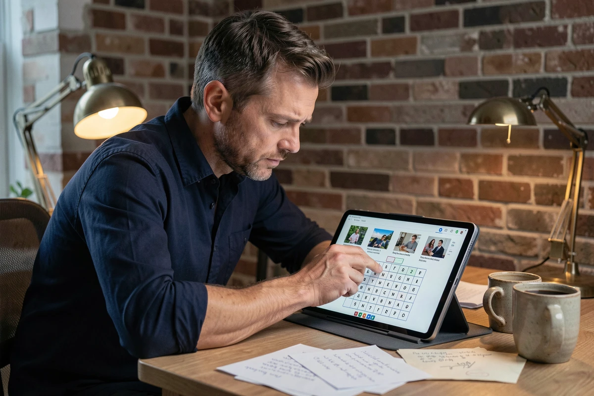 Homme en train de résoudre un mot de 9 lettres sur une tablette dans un bureau à domicile