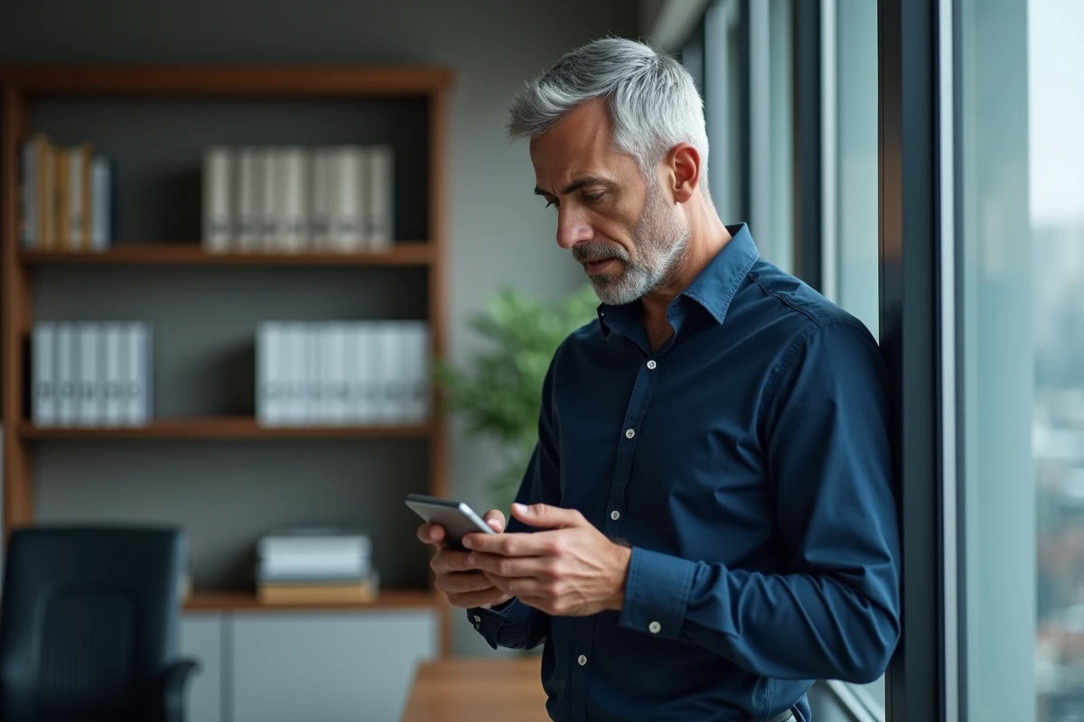 Homme en bureau consultant son téléphone pour envoyer un message de manière discrète et anonyme