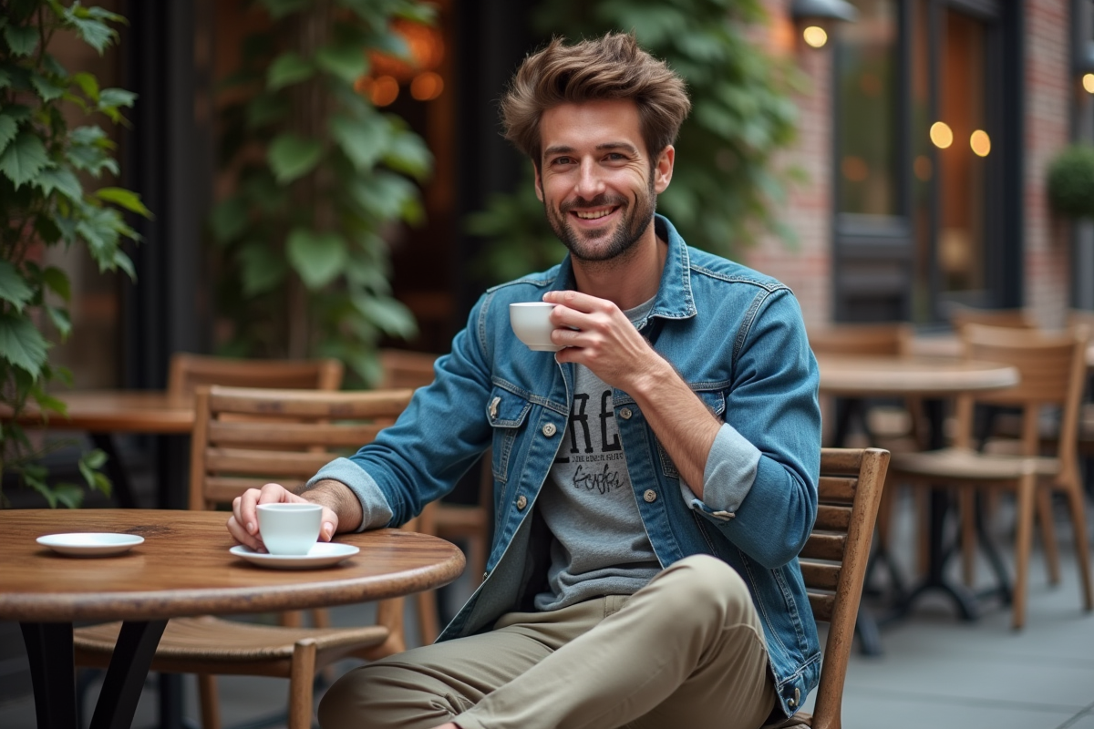 Homme souriant au café avec un ami dans un cadre urbain