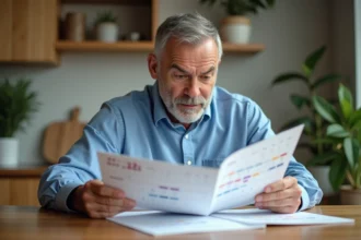 Homme d'âge moyen regardant un calendrier familial 2026