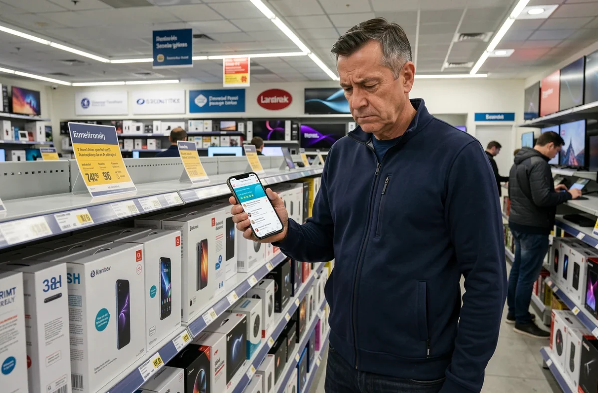 Homme comparant les avis en ligne sur son smartphone avec un produit électronique dans un magasin