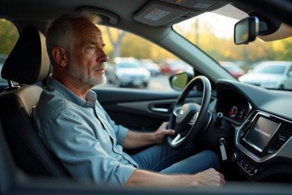 Homme d'âge moyen dans une voiture moderne en intérieur