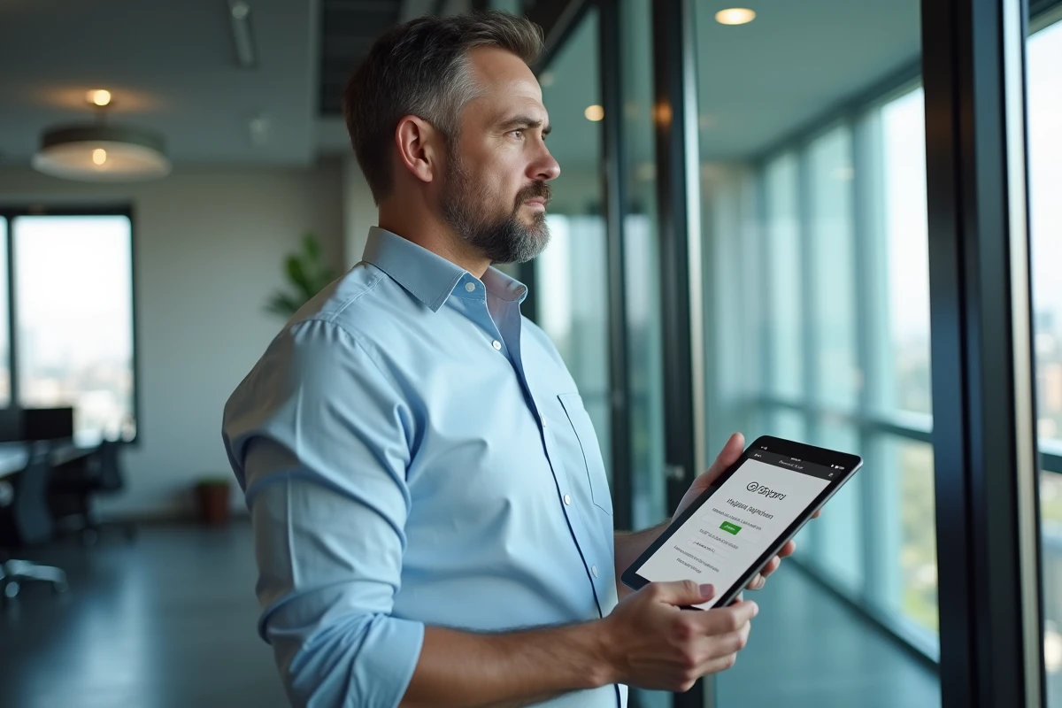 Homme d affaires tenant une tablette avec site Gospi