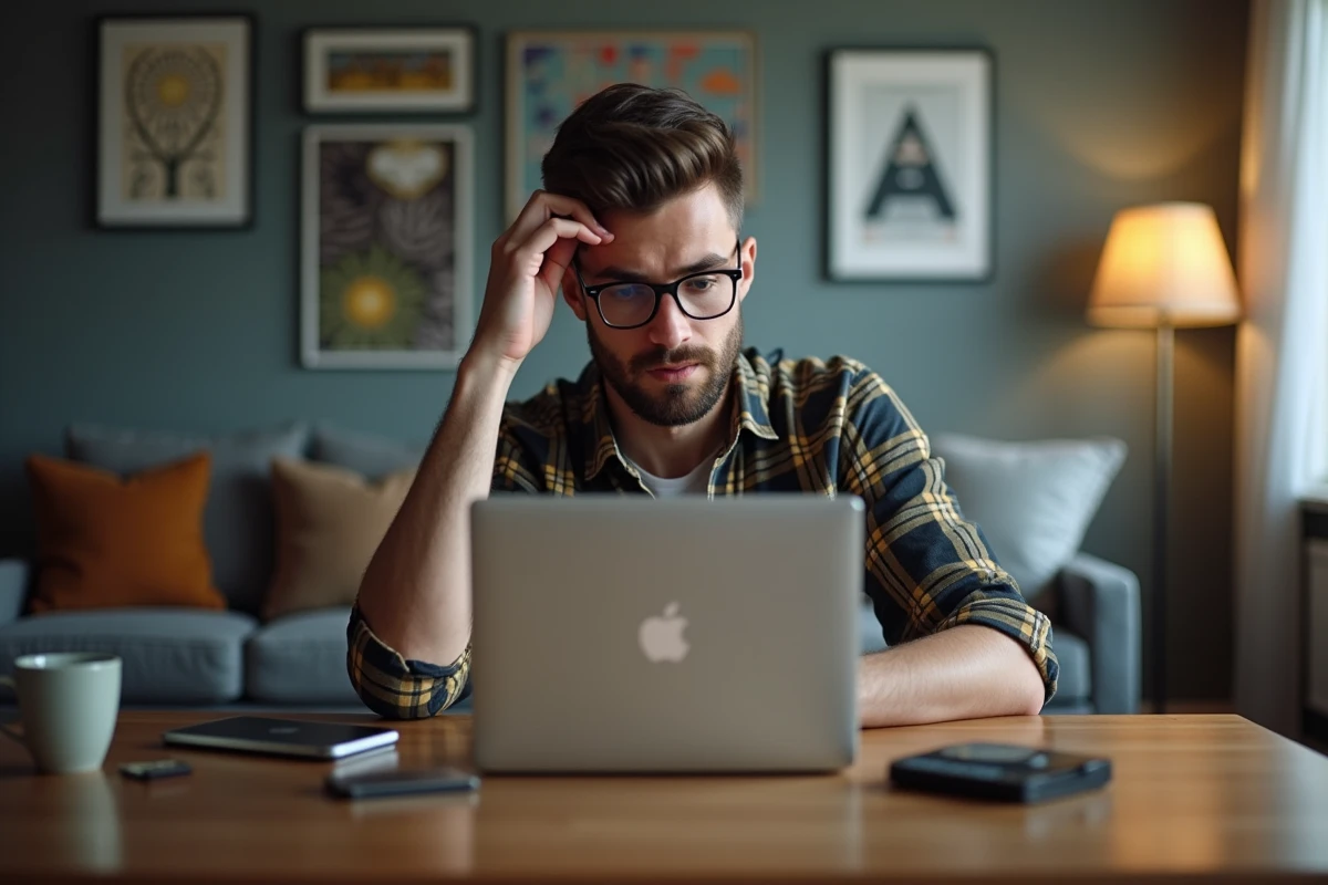 Homme préoccupé vérifiant une erreur sur son ordinateur portable
