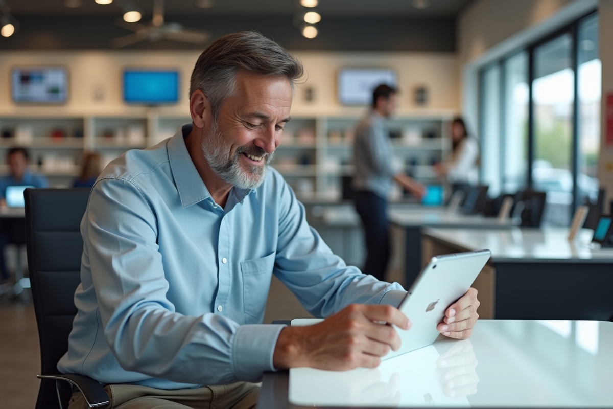 Homme examine un iPad reconditionne dans un magasin d’électronique