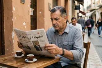 Homme algérien lisant le journal Elchorouk dans un café traditionnel d'Alger, illustrant l'influence des médias arabophones sur l'opinion publique