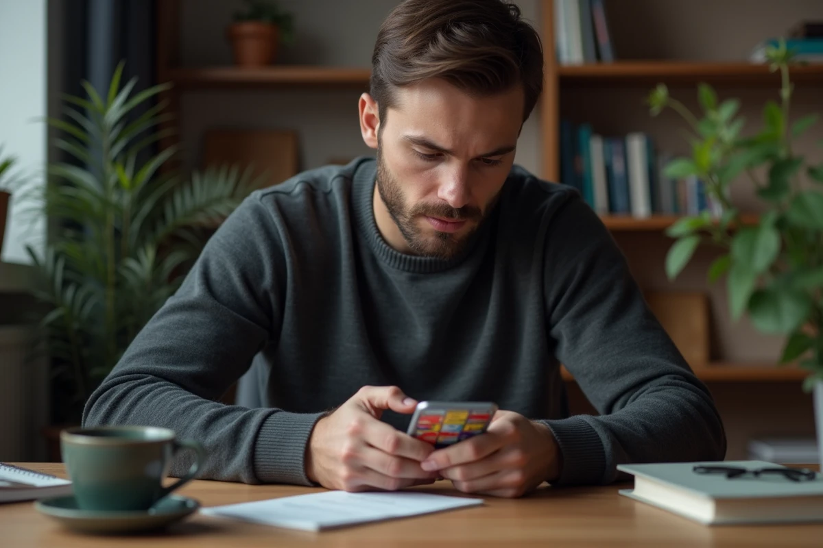 Homme concentré sur son téléphone jouant à un jeu de plateau mobile Monopoly GO dans un bureau à domicile