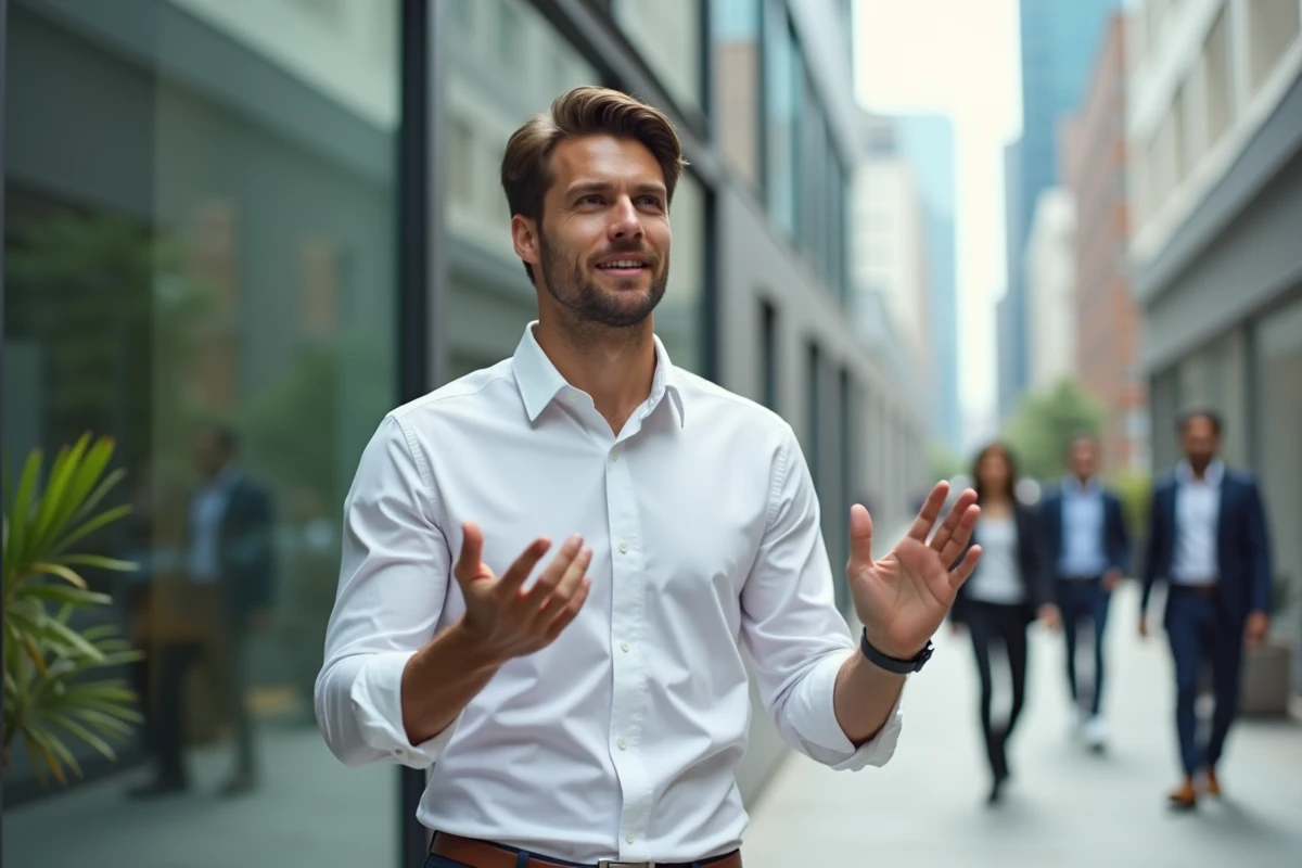 Jeune homme créatif présentant un projet en extérieur