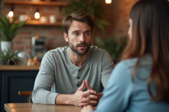 Homme qui se confie à une femme dans un café, regard sincère et posture ouverte lors d'une conversation intime