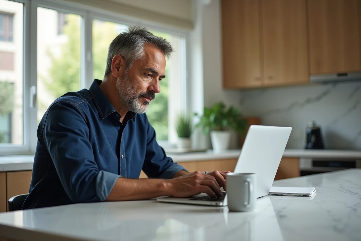 Homme rédigeant une lettre officielle en ligne depuis son domicile grâce à un générateur de courrier pour particuliers