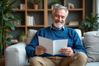 Homme souriant en retraite lit des brochures dans un salon moderne