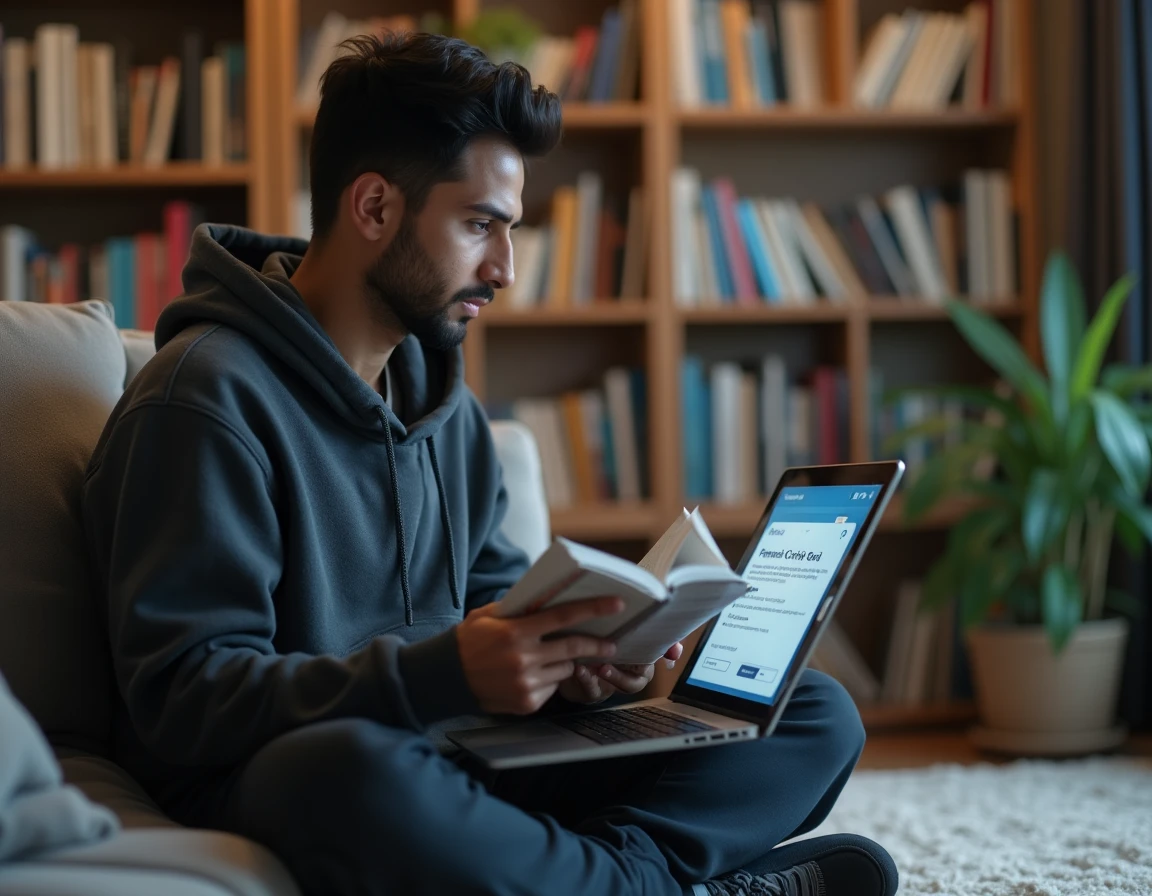 Homme révisant les questions du test de naturalisation avec un livre et un quiz en ligne sur ordinateur