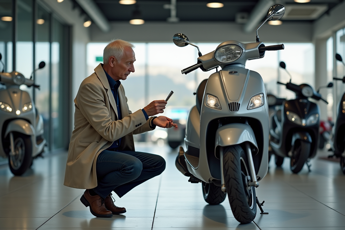 Homme examinant une scooter dans un showroom moderne