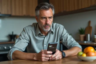 Homme d'âge moyen dans une cuisine regardant son smartphone