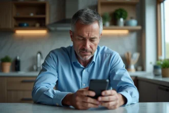 Homme d'âge moyen regardant son smartphone suspect dans une cuisine moderne