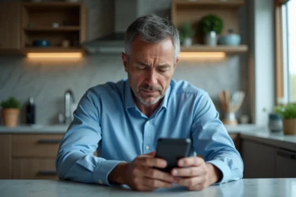 Homme d'âge moyen regardant son smartphone suspect dans une cuisine moderne