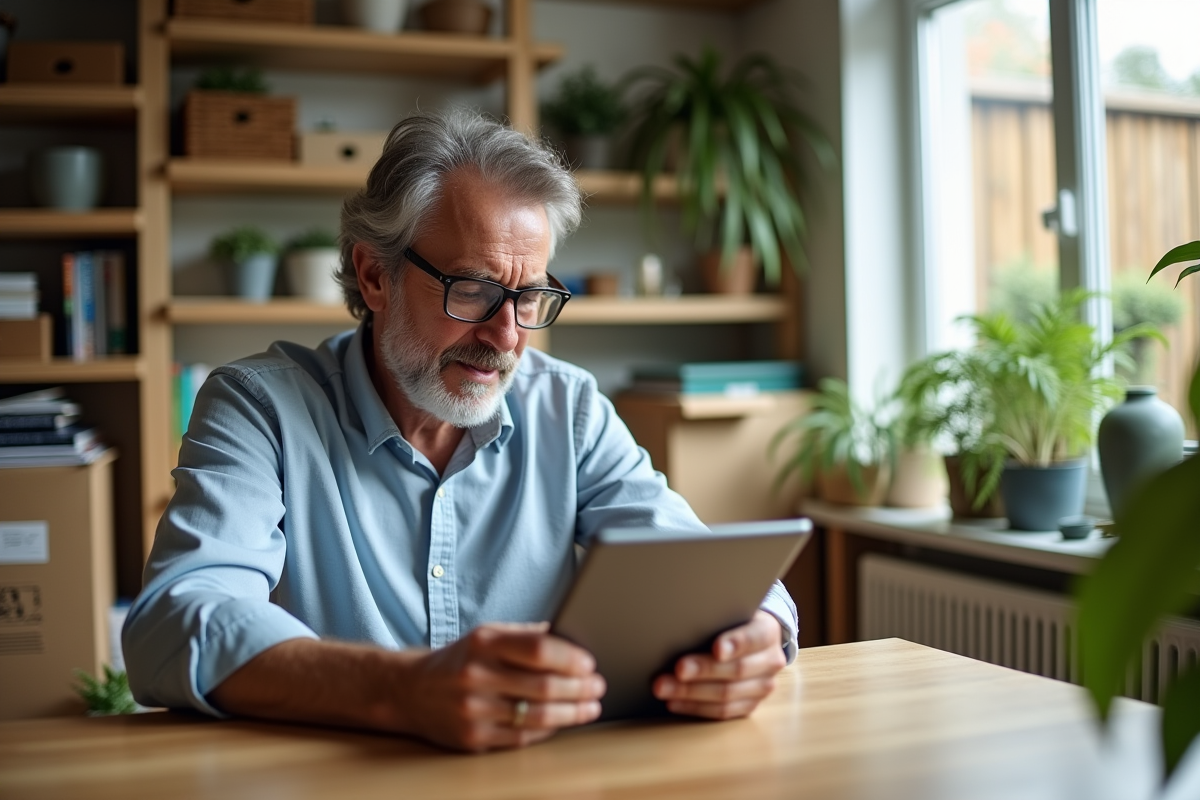 Homme âgé inspecte une tablette dans un intérieur écologique