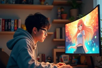 Jeune homme passionné de manga contemplant son waifu préférée sur un écran d'ordinateur dans son bureau personnel