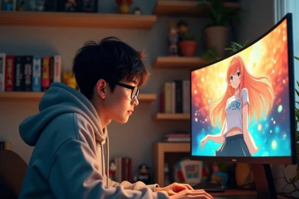 Jeune homme passionné de manga contemplant son waifu préférée sur un écran d'ordinateur dans son bureau personnel