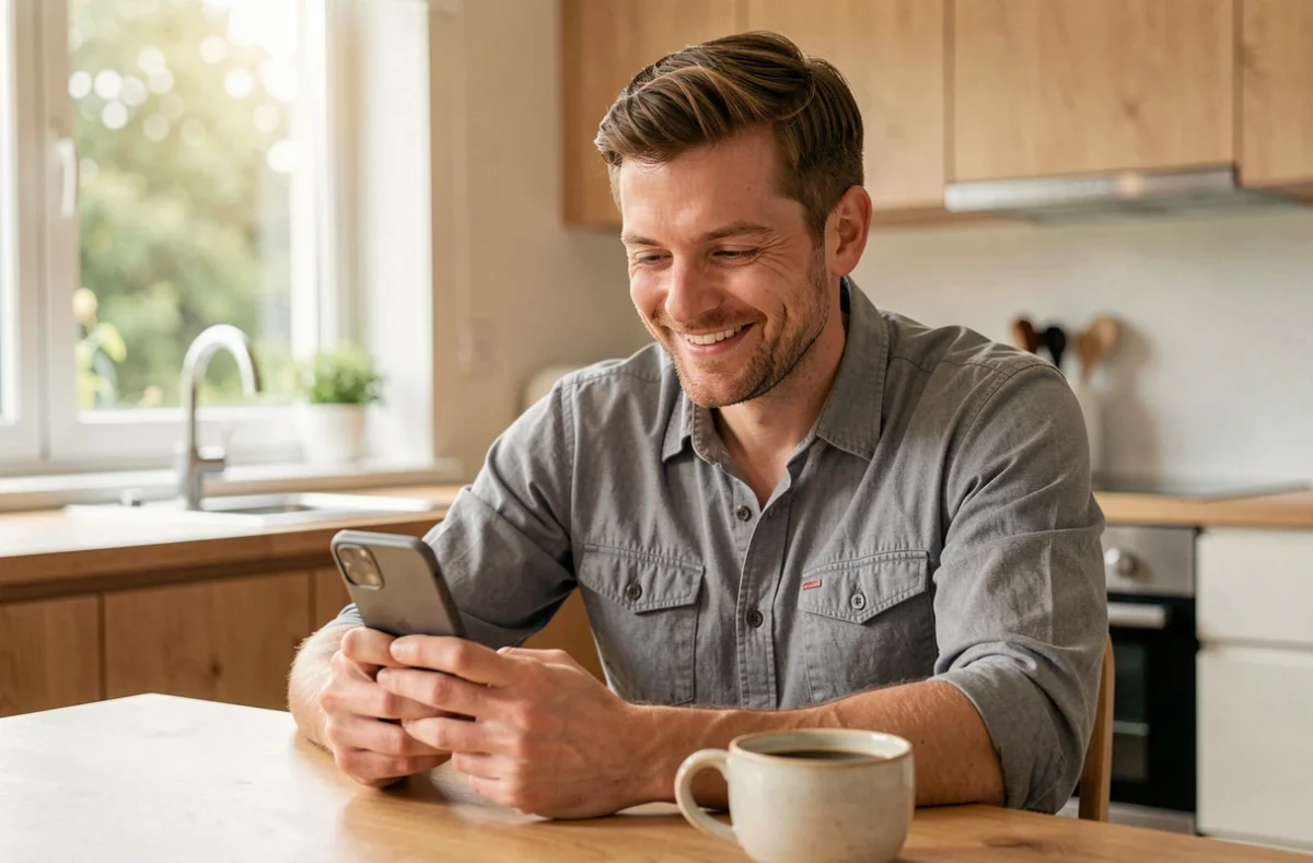 Homme souriant avec amusement calme devant son téléphone dans une cuisine matinale, illustrant l'humour et la dérision face aux tentatives de manipulation